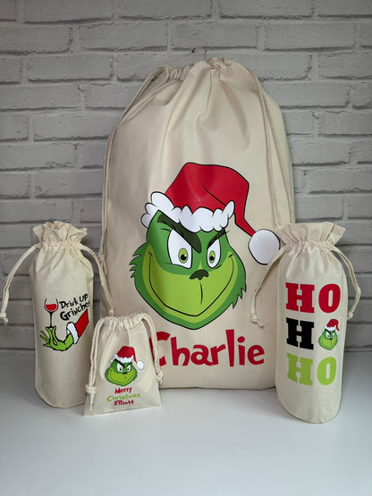 Personalised Christmas Gift Bags / Sacks - Grinch