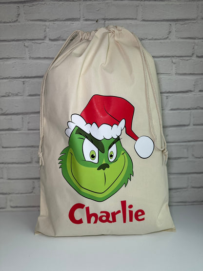 Personalised Christmas Gift Bags / Sacks - Grinch