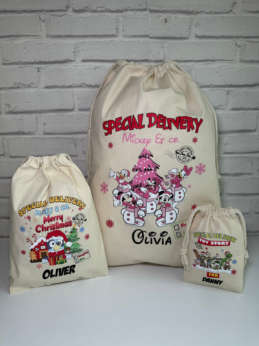 Personalised Christmas Gift Bags / Sacks - Children's Characters