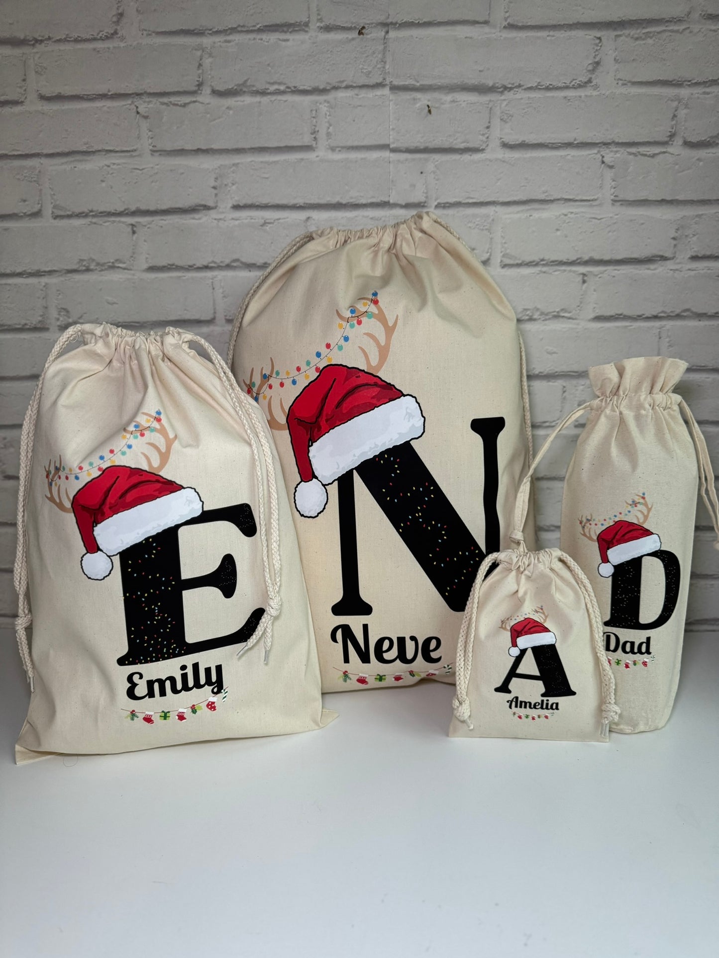 Personalised Christmas Gift Bags / Sacks - Letter & Santa Hat