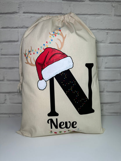 Personalised Christmas Gift Bags / Sacks - Letter & Santa Hat