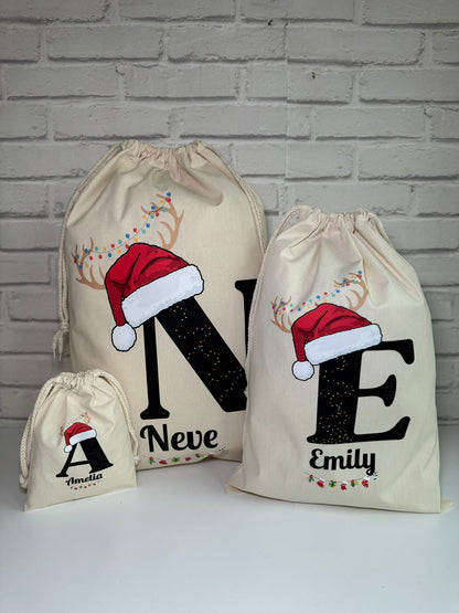 Personalised Christmas Gift Bags / Sacks - Letter & Santa Hat