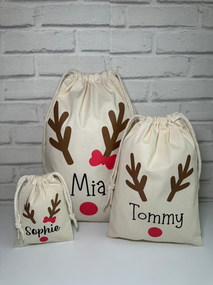 Personalised Christmas Gift Bags / Sacks - Reindeer Name