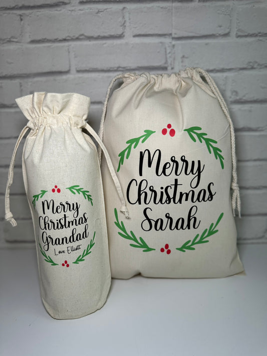 Personalised Christmas Gift Bags / Sacks - Holly